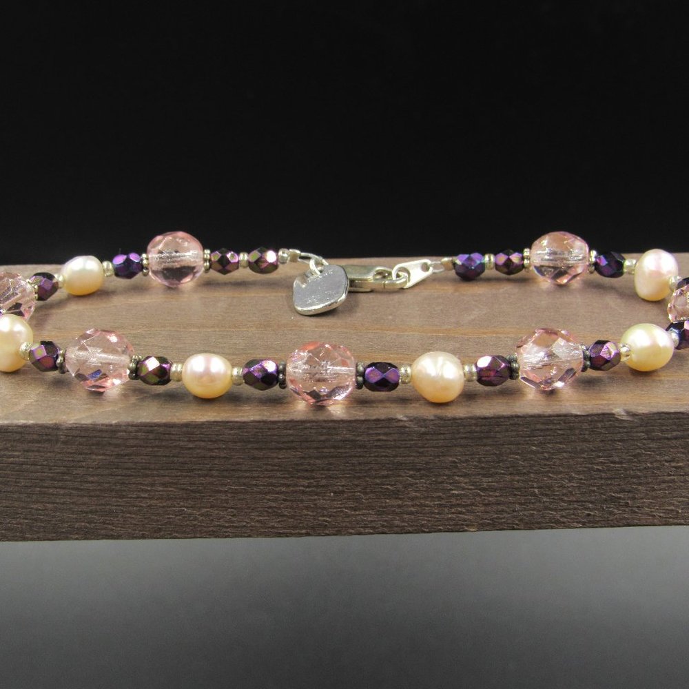 8" Sterling Silver Make With Love Pearl Crystal Bracelet Vintage